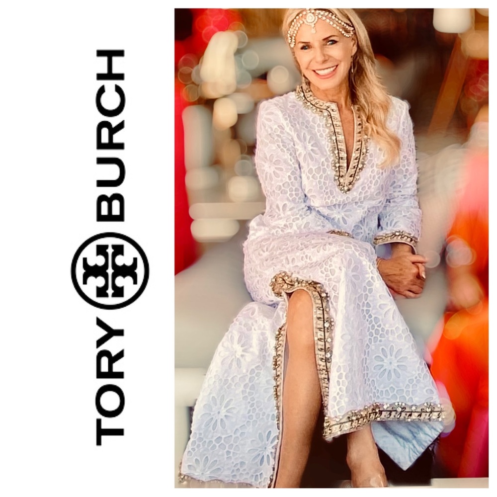 Tory Burch Runway Embellished Lace Caftan Dress 4 Broderie Anglaise 🤍